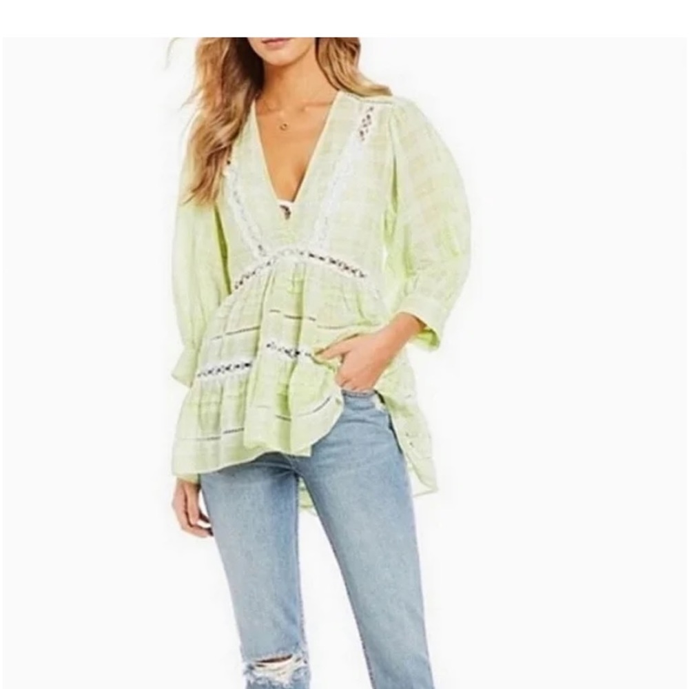 Free People Women’s Boho Top L Ruffle Lace‎ Blouse Lime Combo. Size Medium
